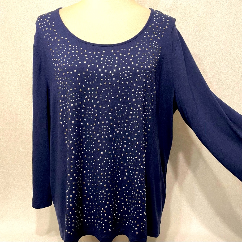 Chico’s Navy Blue Long Sleeve Studded Embellished Top Size 3 (Xl/16)